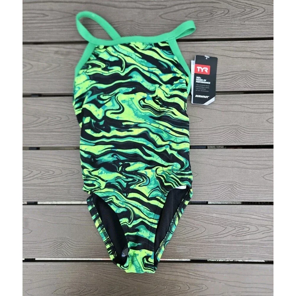 TYR Black/green DuraFast Elite Crypsis DiamondFit Girl Sz 22 One Piece New